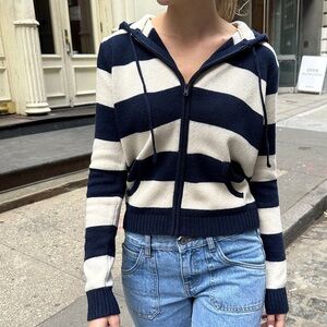 Blue and White Hooded Puffer Jacket with Zipper Closure